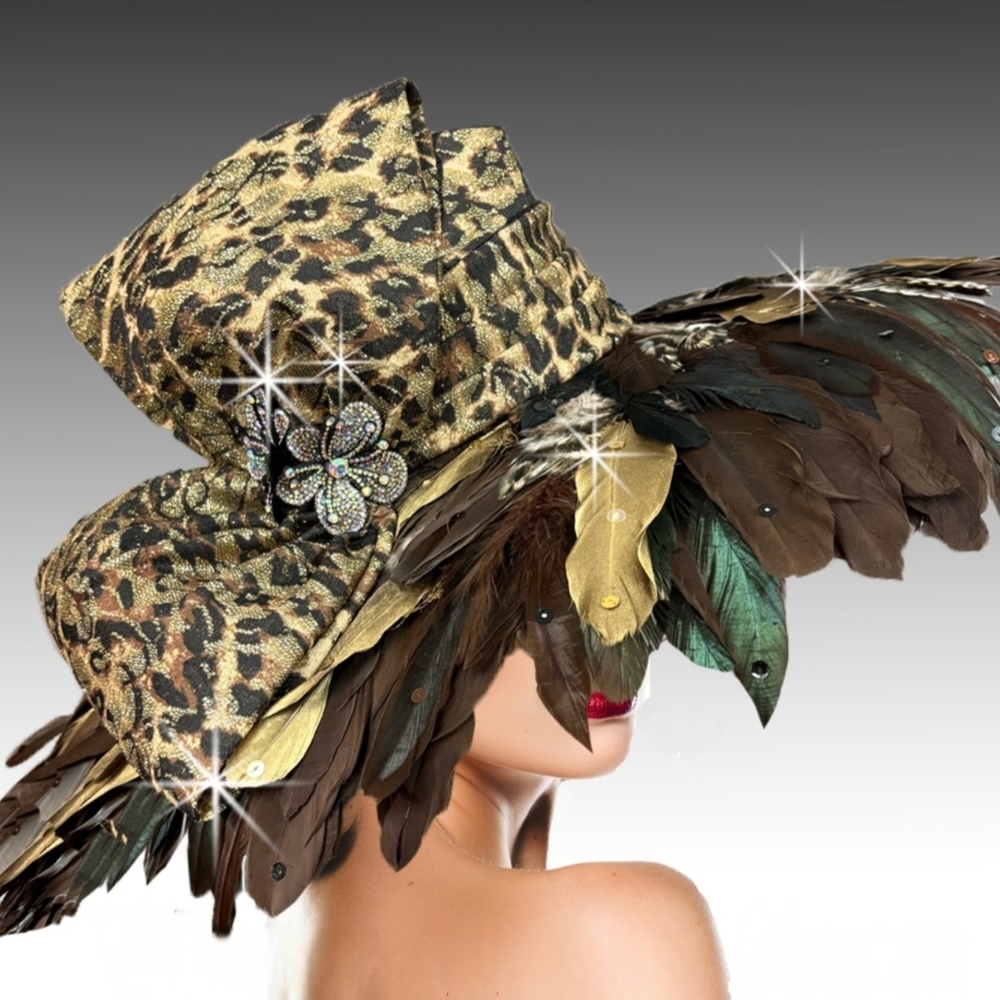 Exquisitely Fabulous Leopard Print Feathered Couture Hat NWT